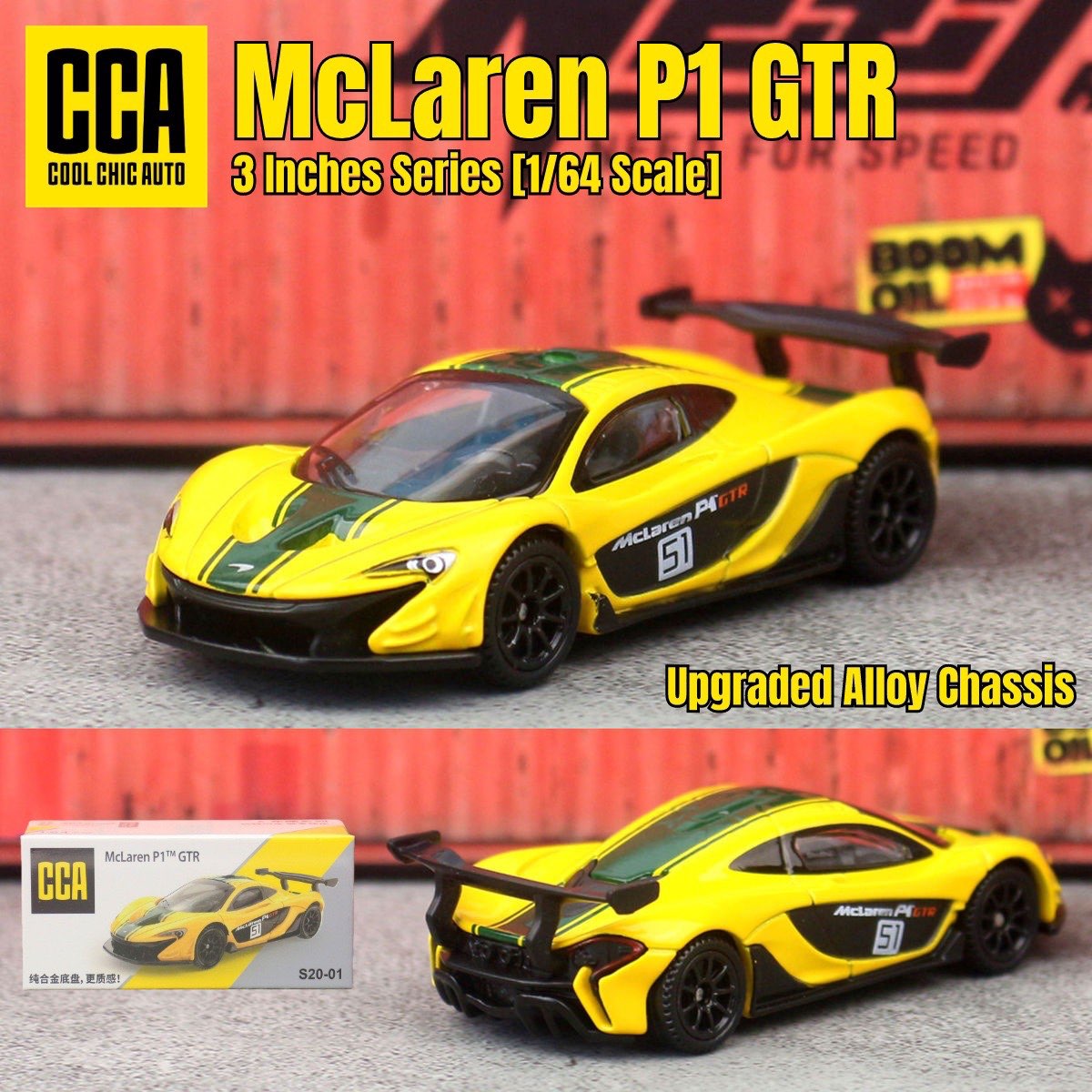 CCA McLaren P1 GTR Yellow diecast model car, 1/64 scale