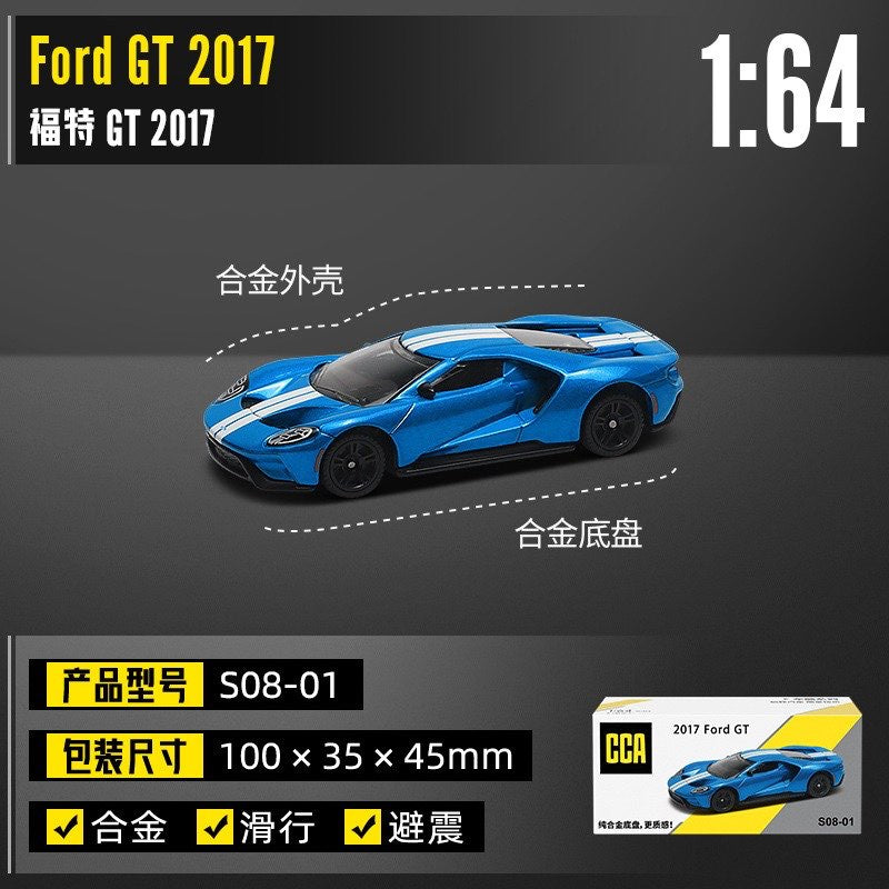 CCA Ford GT 2017 Blue diecast model car, 1/64 scale