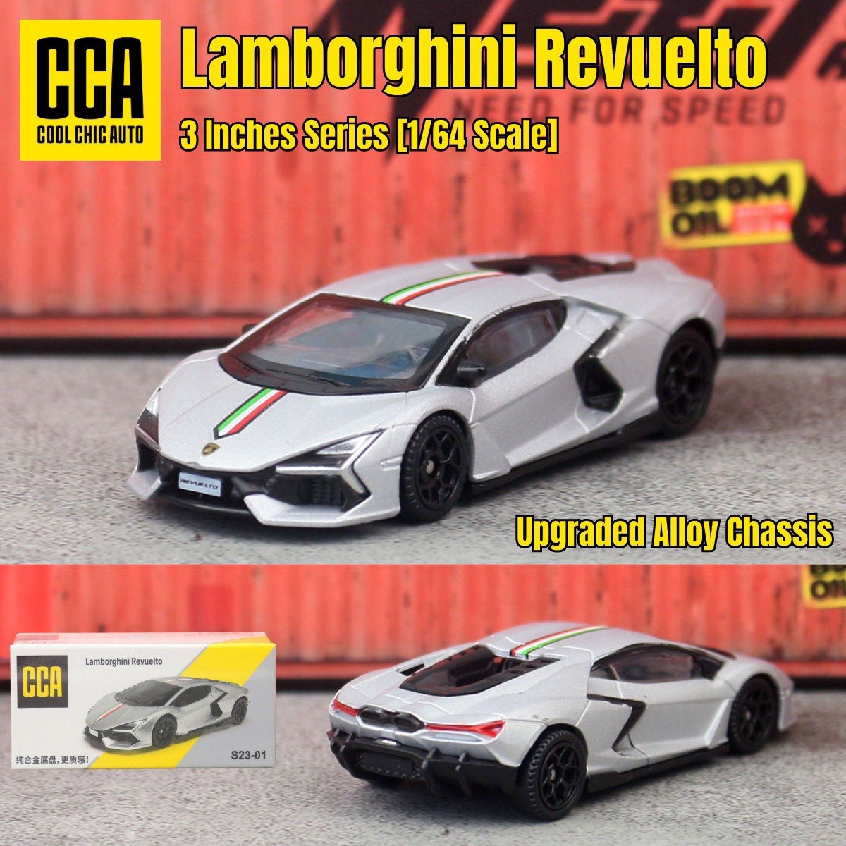 CCA Lamborghini Revuelto Silver diecast model car, 1/64 scale